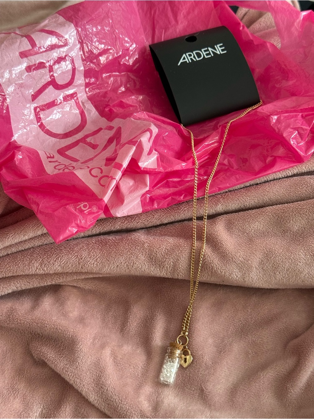 Ardene Gold necklace small glass vial with crystals and heart charm